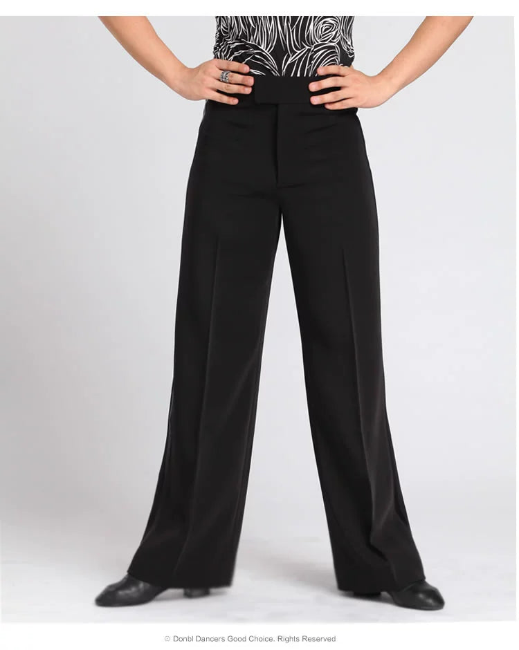 Men's black Ballroom latin Dance Pants Waltz tango Modern flamenco chacha Dance long trousers wide leg side with ribbon