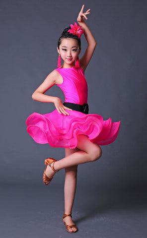 Children Competition Neon Green Pink Blue Latin Dance Dresses Ruffles Salsa Chacha  Performance Clothes for Girls