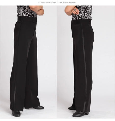 Men's black Ballroom latin Dance Pants Waltz tango Modern flamenco chacha Dance long trousers wide leg side with ribbon