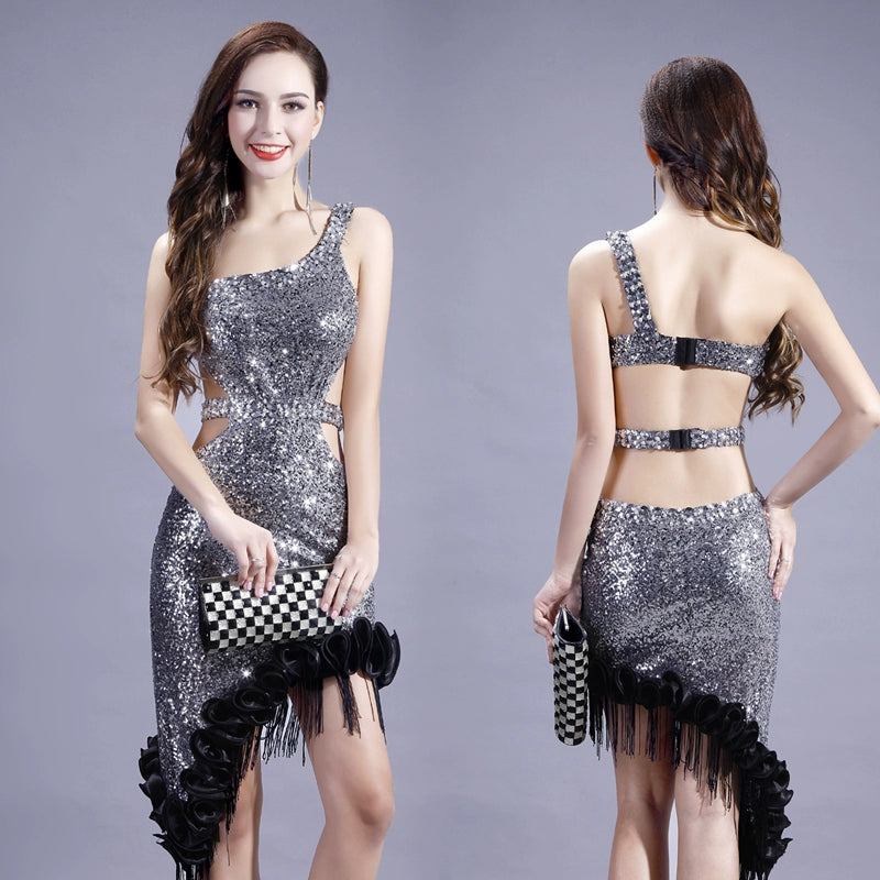 High-end Latin tassels dress with irregular diagonal nail beads on one shoulder and bare back