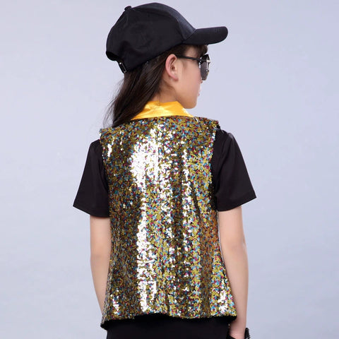 Boys Gold Sequins Jazz Dance Vests for Kids Girls Children Modern Dance Lapel Collar Waistcoats Hip Hip Rappers Drummer Performance Glitter Vests