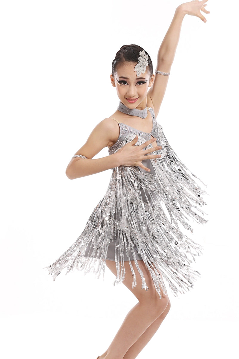 Custom Size Competition Sequins Fringe Red Silver Blue Latin Dance Competition Dresses for Girls Kids Salsa Rumba Cha Cha Performance Costumes Bling Skirts