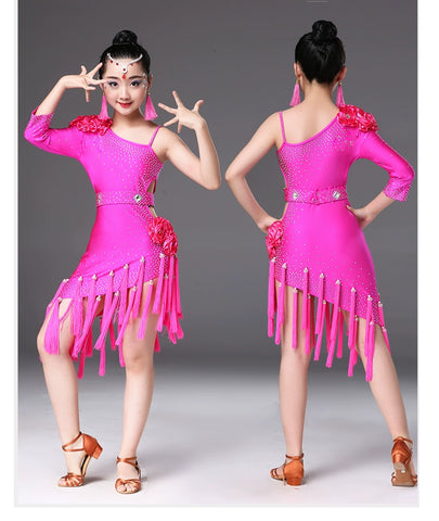 Children's Competition latin dance dresses blue pink red white slant one shoulder Latin dance performance costumes chacha rumba salsa dance outfits