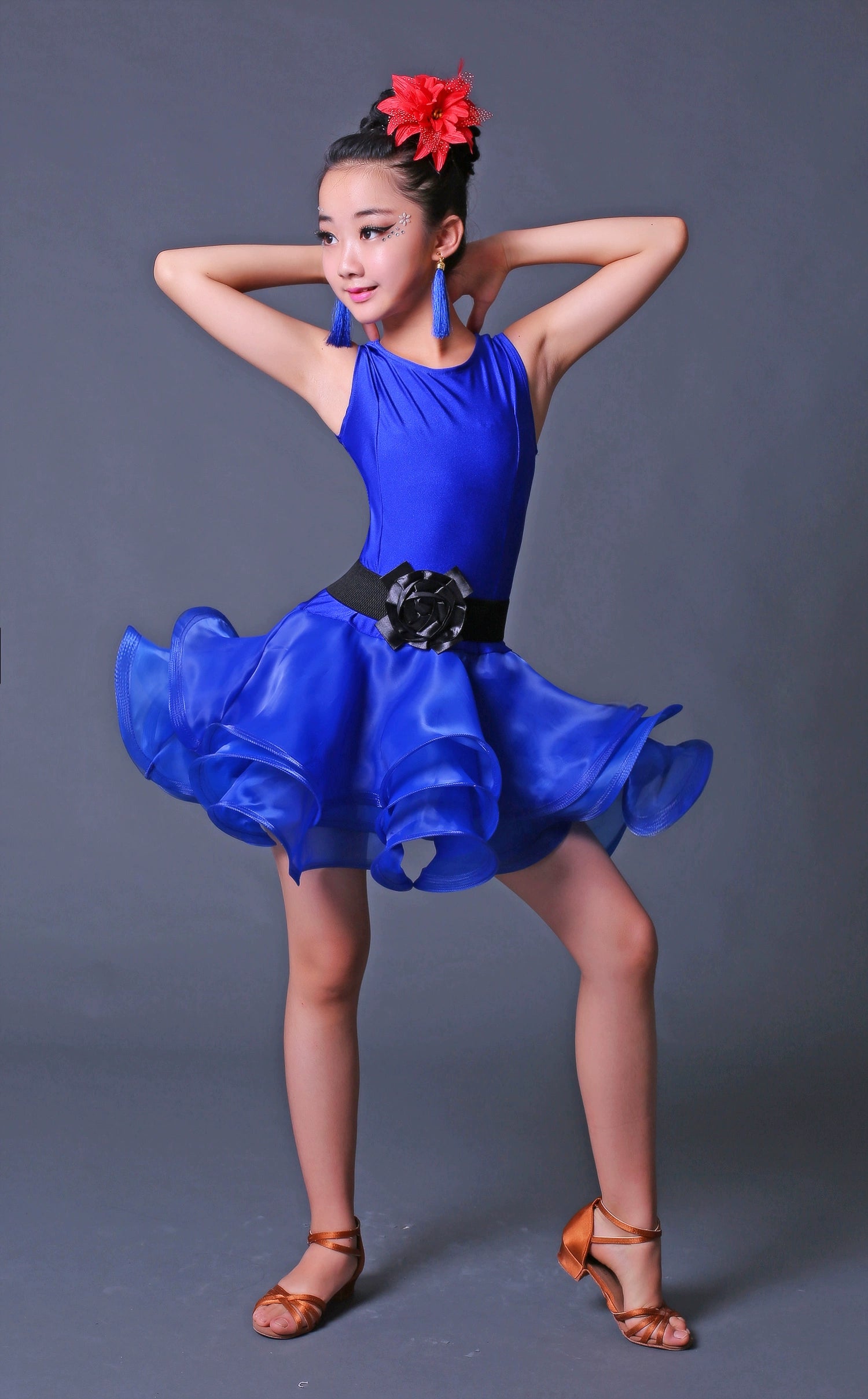 Children Competition Neon Green Pink Blue Latin Dance Dresses Ruffles Salsa Chacha  Performance Clothes for Girls