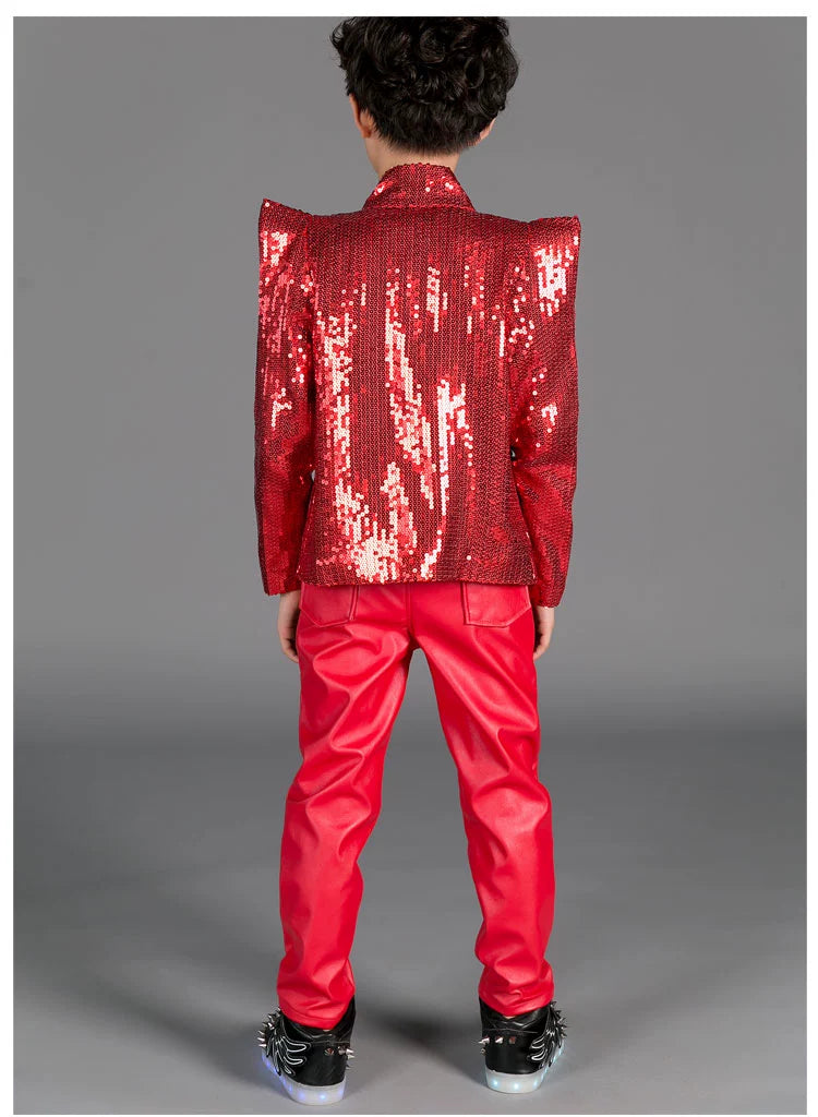 Boys Kids Red Sequins Pu Leather Rivet Jazz Dance Costumes Shrugged Shoulder Drummer Model Show Singers Host Model Performance Outfits