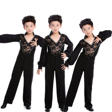 Boys Black Red White Lace Latin Dance Shirts Children Salsa Rumba Ballroom Tango Modern Dance Stage Performance Long Sleeves Tops for Kids