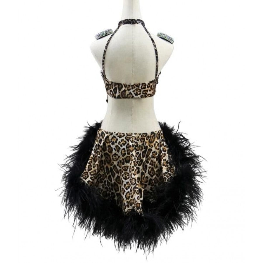 Customized Size Leopard With Black Feather Competition Latin Dance Dresses For Women Girls Rumba Salsa Chacha Ballroom Dance Wear For Female Latin Dance Dresses