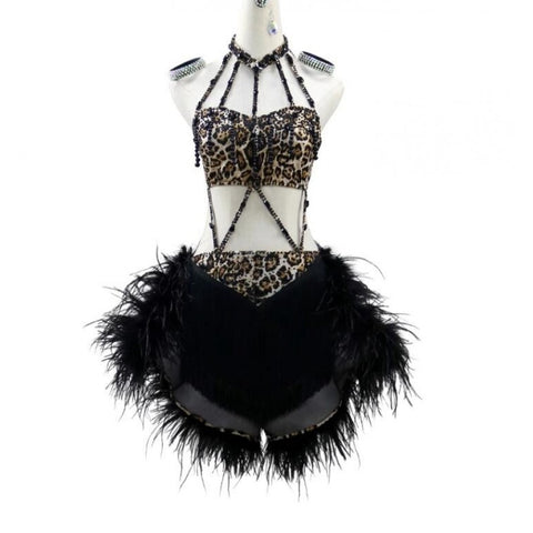 Customized Size Leopard With Black Feather Competition Latin Dance Dresses For Women Girls Rumba Salsa Chacha Ballroom Dance Wear For Female Latin Dance Dresses