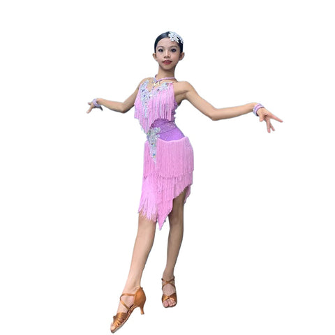 Custom Size Pink Purple Fringe Competition Latin Dance Dresses for Girls Kids Salsa Rumba Chacha Solo Dance Flower Clothing Blackpool Performance Wear