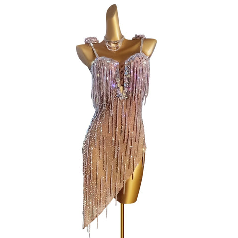 Custom Size Gold Fuchsia Fringe Competition Latin Dance Dresses for Women Girls Professional Competition Clothing Rumba Salsa Rumba Chacha Skirts