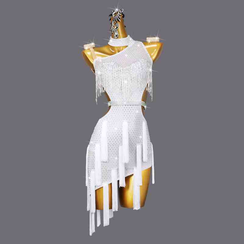 White Tassel Professional Latin Dance Dresses for Women Girls One Shoulder Gemstones Salsa Rumba Chacha Performance Clothing