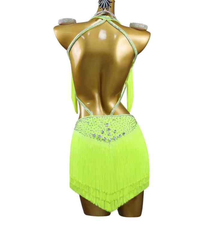 Fluorescent yellow professional latin dance competition tassel dress for women girls salsa rumba chacha dance costume solo dance wear