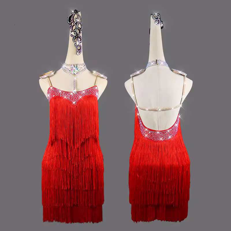 Women girls yellow tassel Latin dance dress red black salsa rumba chacha stage performance competition clothing