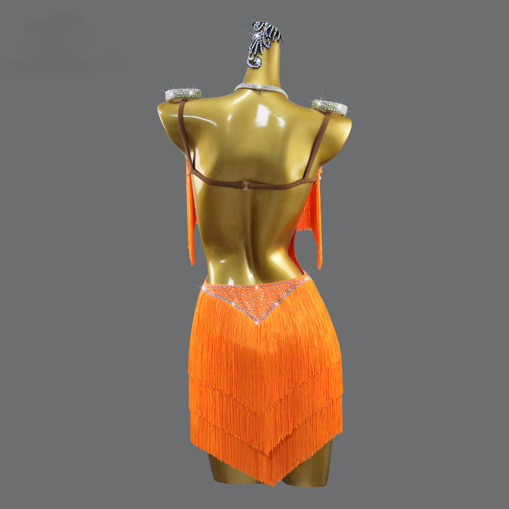 Adult Orange Latin Dance dresses women girls tassels salsa rumba chacha Contest Performance Costume Art Examination solo skirt