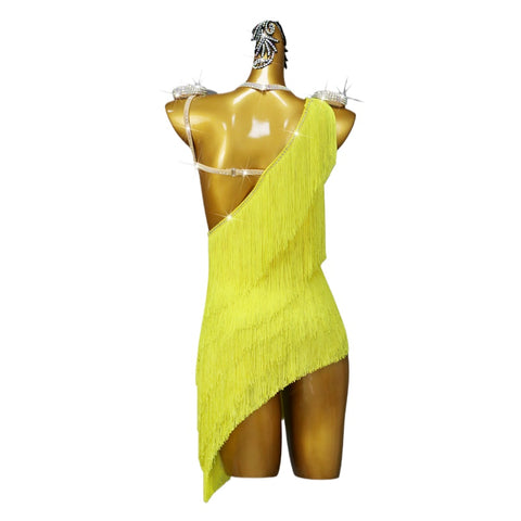 Yellow Fringe Slant Competition Latin Dance Dresses for Women Girls Salsa Rumba Cha Cha Jive Performance Clothing Solo Dance Inclined Skirts