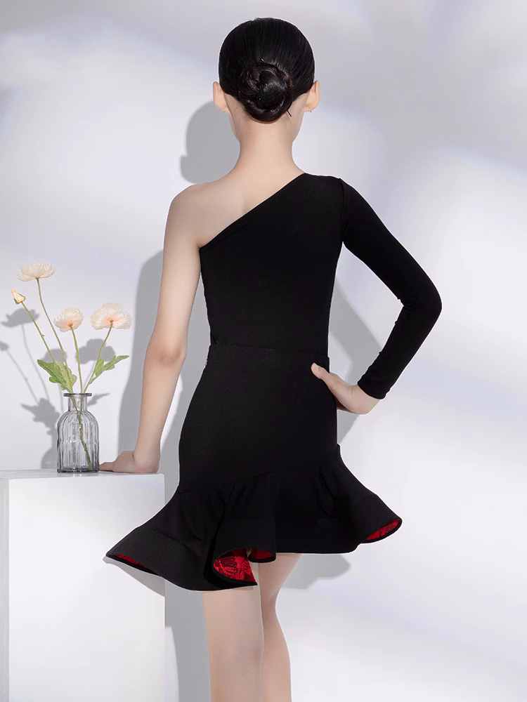 Black Red Lace One Shoulder Latin Dance Dresses for Girls Kids Slant Neck Long Sleeves Salsa Rumba Chacha Professional Clothes