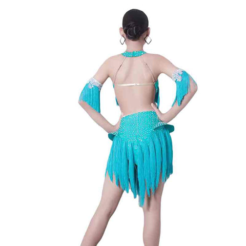 Custom Size Turquoise Fringe Competition Latin Dance Performance Dresses Blackpool Salsa Rumba Chacha Performance Outfits