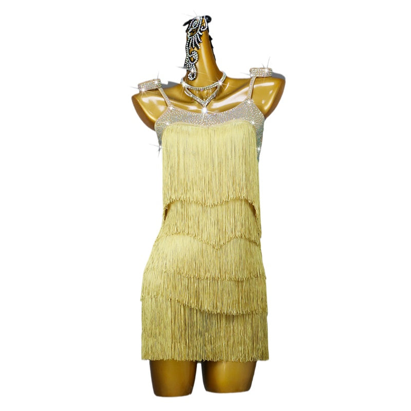 Gold Fringe Rhinestones Latin Dance Dresses for Women Girls Salsa Rumba Cha Cha Jive Latin Professional Dance Costumes