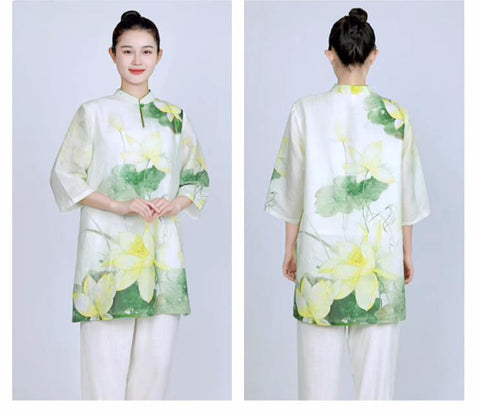 Tai Chi clothing for women green lotus linen breathable wushu martial art chinese kung fu morning exercises performance uniform for female