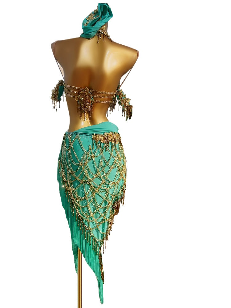 Custom Size Gold with Green Pink Fringe Competition Latin Dance Dresses for Women Girls Kids Latin Salsa Rumba Blackpool Latin Solo Dance Costumes