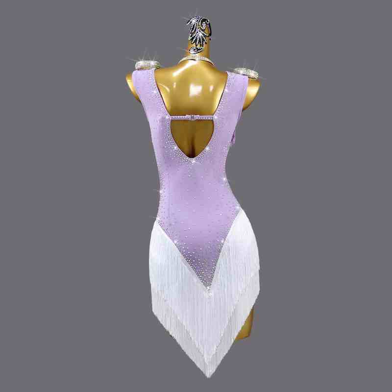 Lavender Latin Dance Competition Dresses for Women Girls Light Purple with White Fringe Salsa Rumba Samba Chacha Dance Costumes