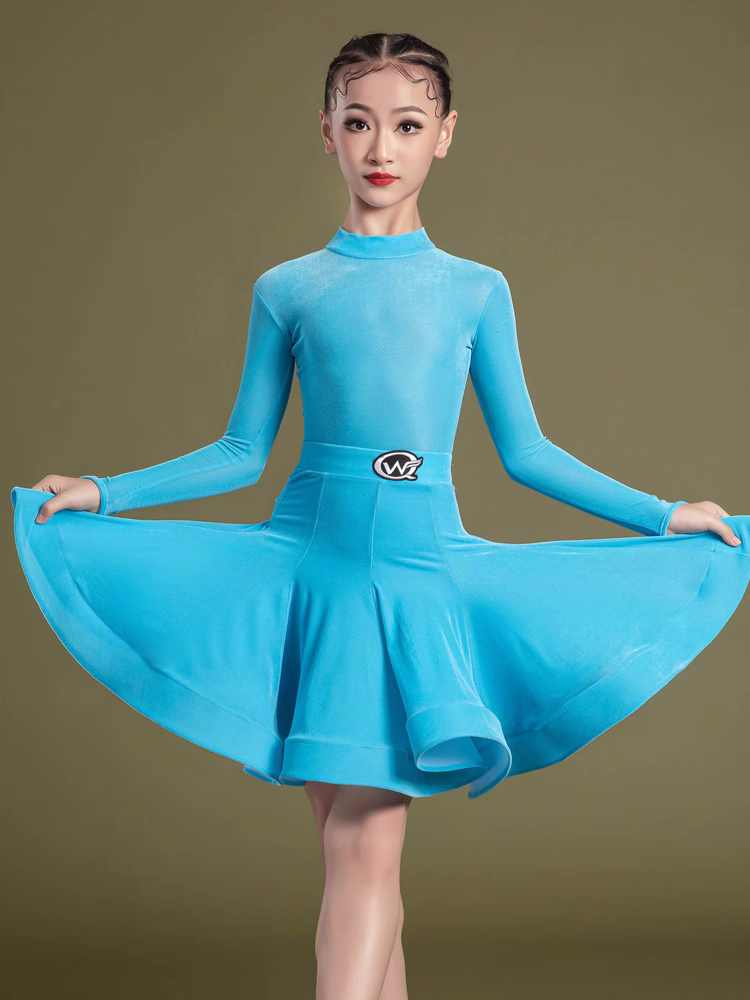 Children's Turquoise Blue  Velvet Latin Dance Competition Dresses Girls Salsa Rumba Chacha Ballroom Professional Grading Long-sleeved Standard Clothing