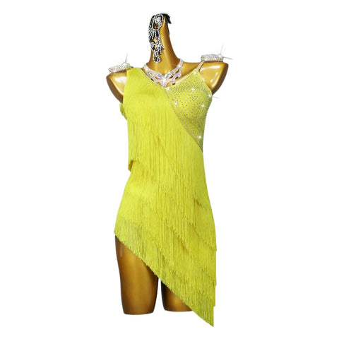 Yellow Fringe Slant Competition Latin Dance Dresses for Women Girls Salsa Rumba Cha Cha Jive Performance Clothing Solo Dance Inclined Skirts