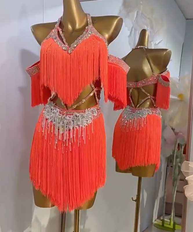 Custom Size Orange Fringe Competition Latin Dance Dresses for Women Girls Salsa Rumba Chacha Performance Costumes