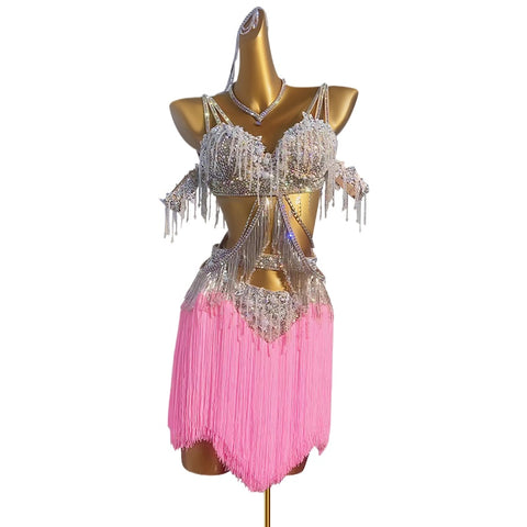 Custom Size Pink Blue Rhinestones Fringe Latin Dance Competition Dresses for Women Girls Salsa Rumba Jive Blackpool Professional Dance Wear