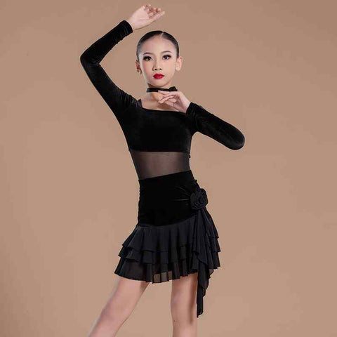 Girls Kids Black Dark Green Velvet Flowers Latin Dance Dresses Salsa Ballroom Chacha Dance Performance Long-sleeved Training Clothes