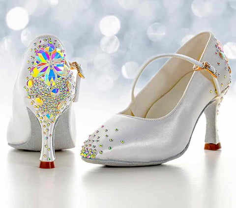 Sparkling Ballroom Latin Dance Shoes for Women Girls White Skin Color Indoor Soft Sole Satin High Heel Adult Waltz Competition Professional Dance Shoes