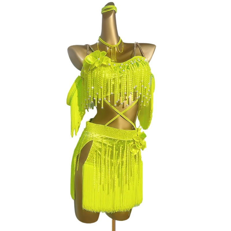 Custom Size Neon Yellow Bling Fringe Competition Latin Dance Dresses for  Women Girls Kids Salsa Rumba Chacha Jive Dancing Costumes for Female