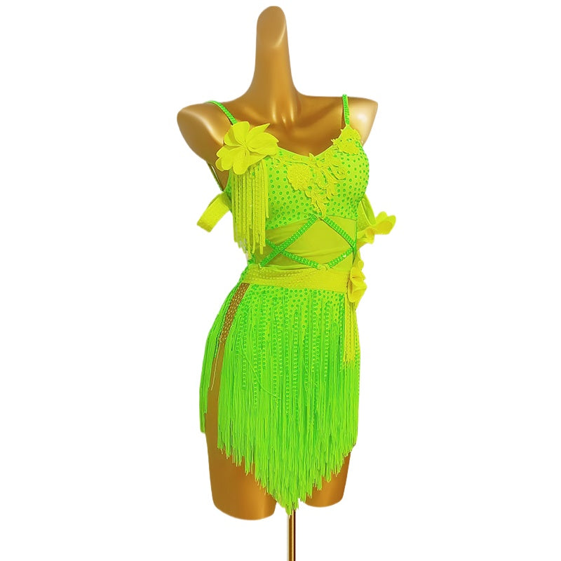 Cusrtom Size Fluorescent Yellow Latin Dance Competition Dresses for Women Girls Kids Children Salsa Rumba Cha Cha Jive Latin Dance Fringed Skirts Adult Performance Clothes