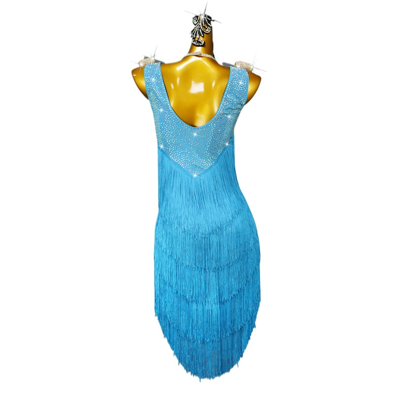 Turquoise Blue Competition Latin Dance Dresses for Women Girls Tank  Fringe Rhinestones Salsa Rumba Chacha Performance Skirts