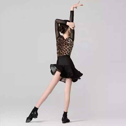 Leopard Print Latin Dance Dresses for Kids Girls Salsa Rumba Chacha Modern Dance Swing Skirt Stage Performance Outfits