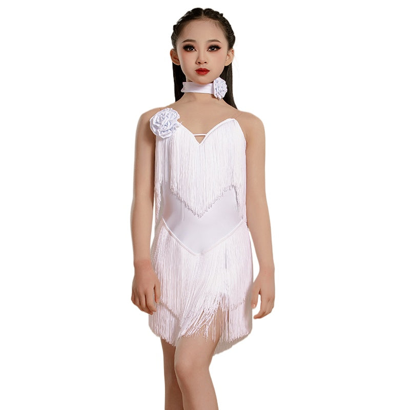 Navy Fringe Latin Dance Dresses for Girls Kids Coffee White Salsa Rumba Chacha Ballroom Performance Costumes