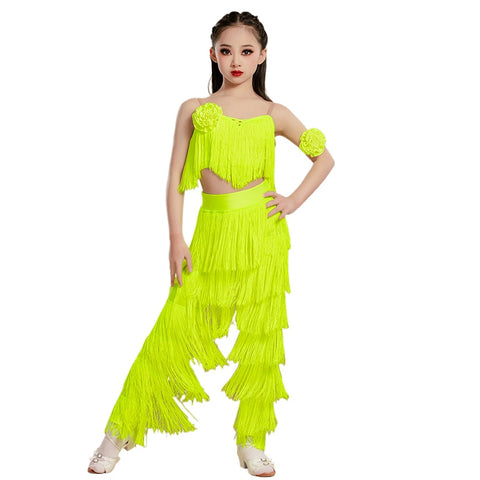 Yellow Red Fringe Latin Dance Dresses for Girls Kids Salsa Chacha Rumba Ballroom Dance Professional Costumes Tops and Pants