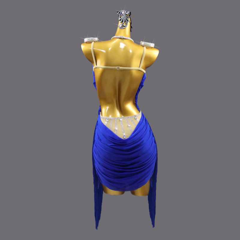 Royal Blue Latin Dance Competition Dresses for Women Girls Rhinestones Bling Salsa Rumba Chacha Dance Costume Standard Black Pool Solo Samba