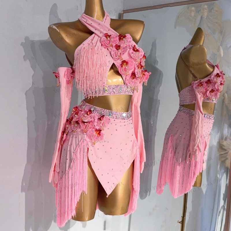 Custom Size Pink Fringe Competition Latin Dance Dresses for Women Girls Adult Children Latin Salsa Rumba Chacha Dance Costumes