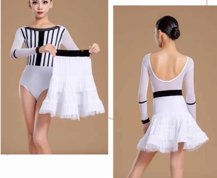 Girls Black White Stripe Fringe Competition Latin Dance Dresses for Kids Children Salsa Rumba Chacha Ballroom Performance Outfits