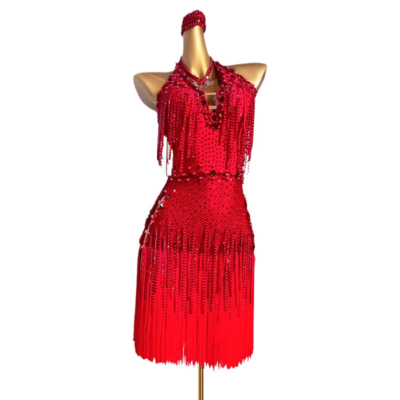 Custom Size Red Fringe Bling Competition Latin Dance Dresses for Women Girls Black Pool Salsa Rumba Chacha Performance Outfits