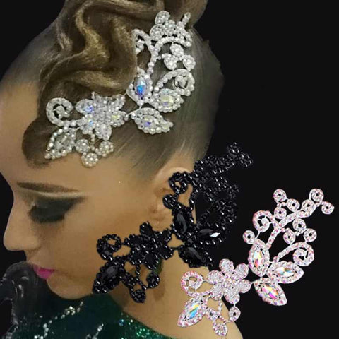 Ballroom Latin Headpiece for Women Girls Stage Performance Tiara Vintage Latin White Black Diamond Embroidery Lace Bridal Bling Headdress