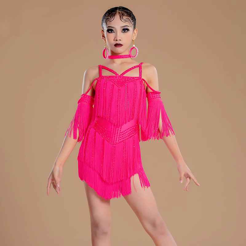 Latin Dance Dresses for Girls Kids Neon Hot Pink Salsa Rumba Chacha Fringe Diamond Latin Performance Outfits Solo Dance Costumes for Children