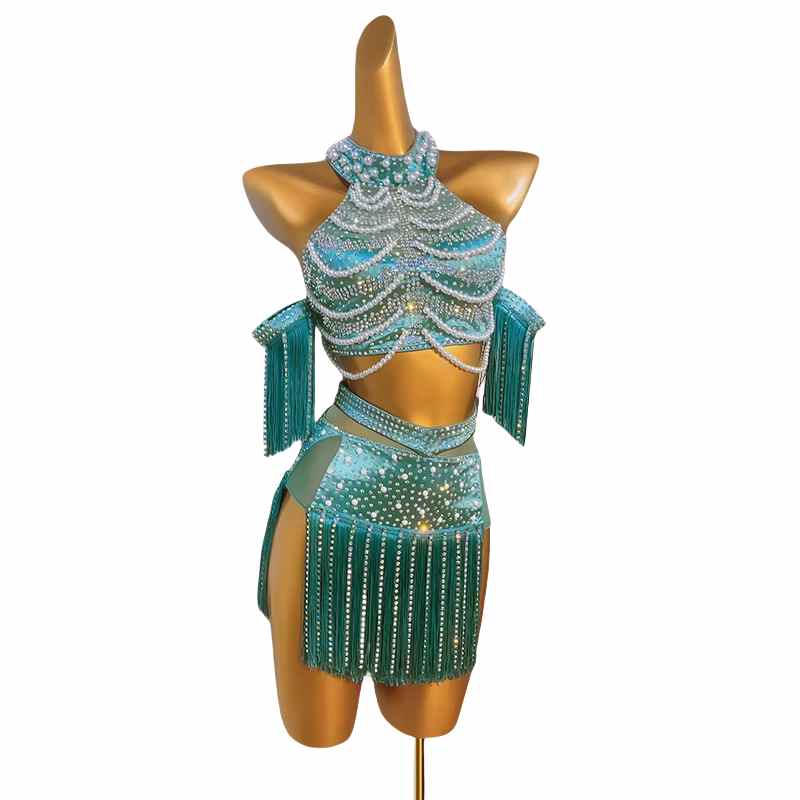 Custom Size Green Pink Latin Dance Competition Dresses for Women Girls Kids Salsa Chacha Dance Pearl Gold Fringed Skirts Party Performance Outfits