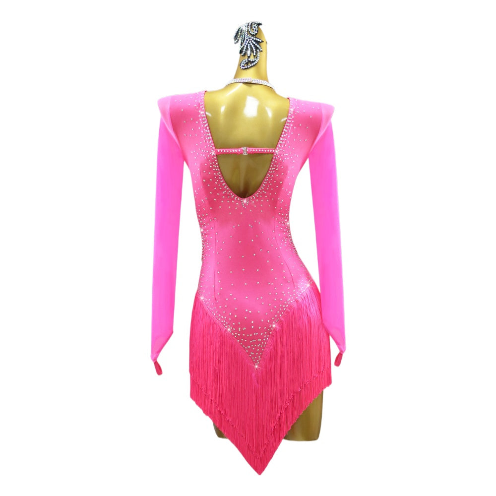 Long Sleeve Hot Pink Fringe Competition Latin Dance Contest Dresses for Women Girls Kids Blackpool Latin Salsa Rumba Chacha Dance Performance Costume