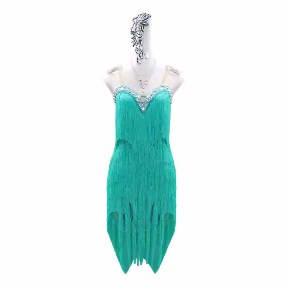 Professional Turquoise Fringe Competition Latin Dance Dresses for Women Girls Salsa Rumba Chacha Tap Dance Performance Clothing Party Outfits