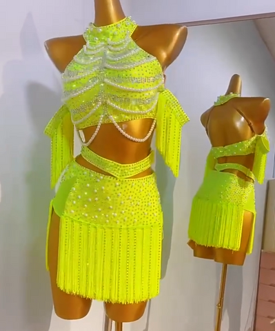 Custom Size Neon Yellow Fringe Competition Latin Dance Dresses for Women Girls Kids Salsa Rumab Chacha Party Dance Costumes