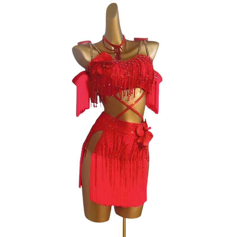 Custom Size Red Fringe Competition Latin Dance Dresses Salsa Rumba Chacha Women Girls Performance Clothing Party Sparkling Dance Outfits