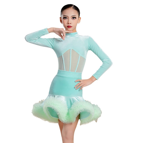 Professional Pink Turquoise Mint Competition Latin Ballroom Dance Dresses for Girls Kids Velvet Ruffles Salsa Rumba Cha Cha Jive Dance Outfits