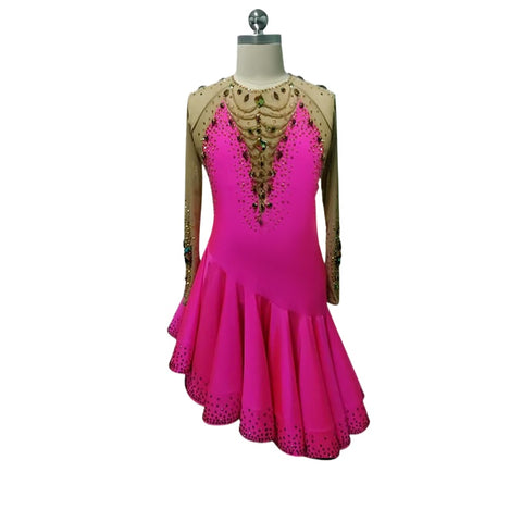 Custom Size Orange Fuchsia Rhinestones Latin Dance Dresses for Women Girls Kids Cha Cha Latin Ballroom Rumba Salsa Performance Costumes